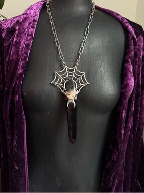 Black Obsidian Crystal Spiderweb Pendant Necklace gothic jewelry statement
